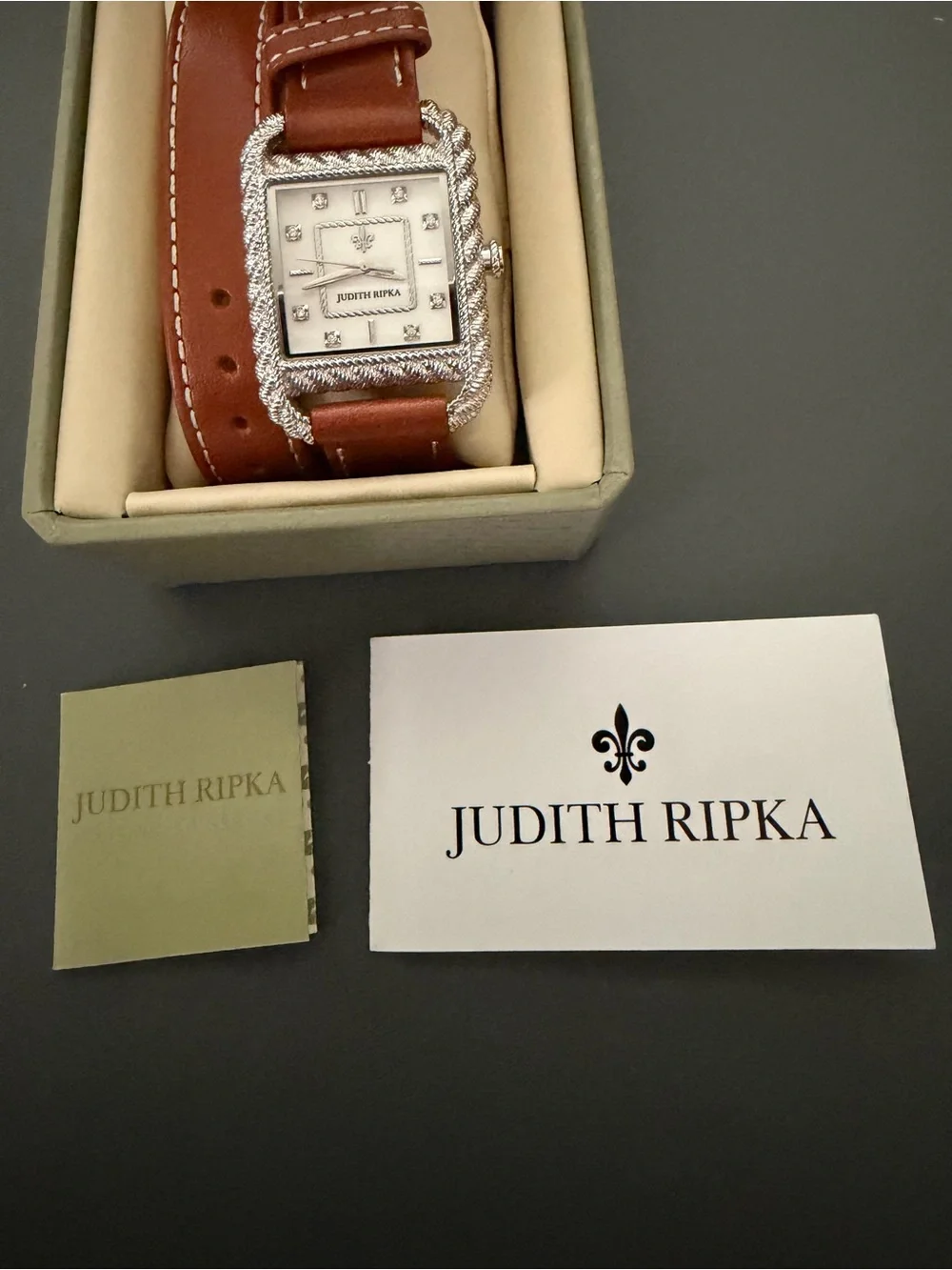 Judith Ripka Brown Leather Double-Wrap Watch with Silver Rope Bezel, NEW in box